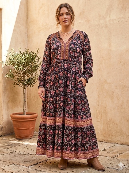 Knox Rose Dresses & Skirts - Knox Rose Floral Boho Tiered Maxi Dress Size XL Black Pink Long Sleeve